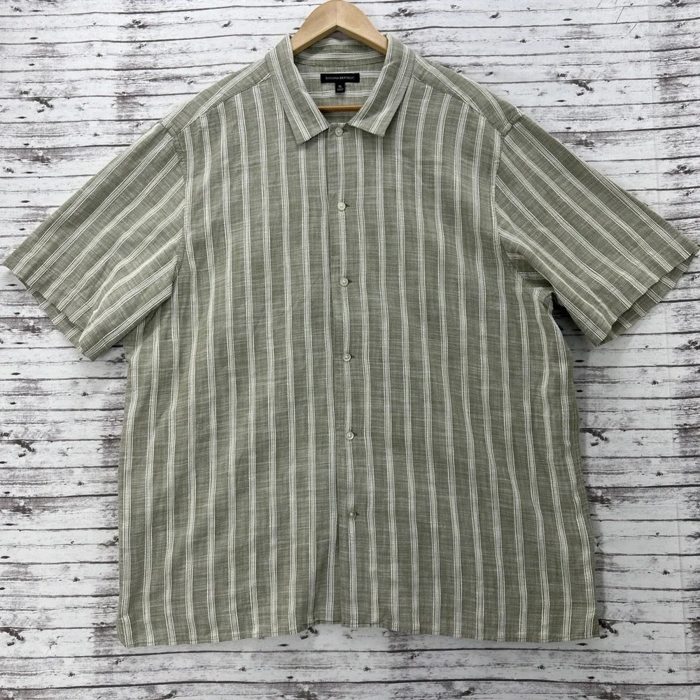 Banana Republic Mens XL Striped Camp Collar Shirt Green Beige Cotton Blend EUC